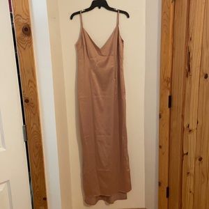 V-neck scoop back midi dress soft pink satin dress